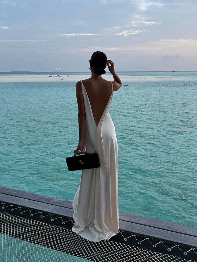 Women Satin V Neck Backless Maxi Dress High Split Beach Vacation Dress TAVEN System LLC