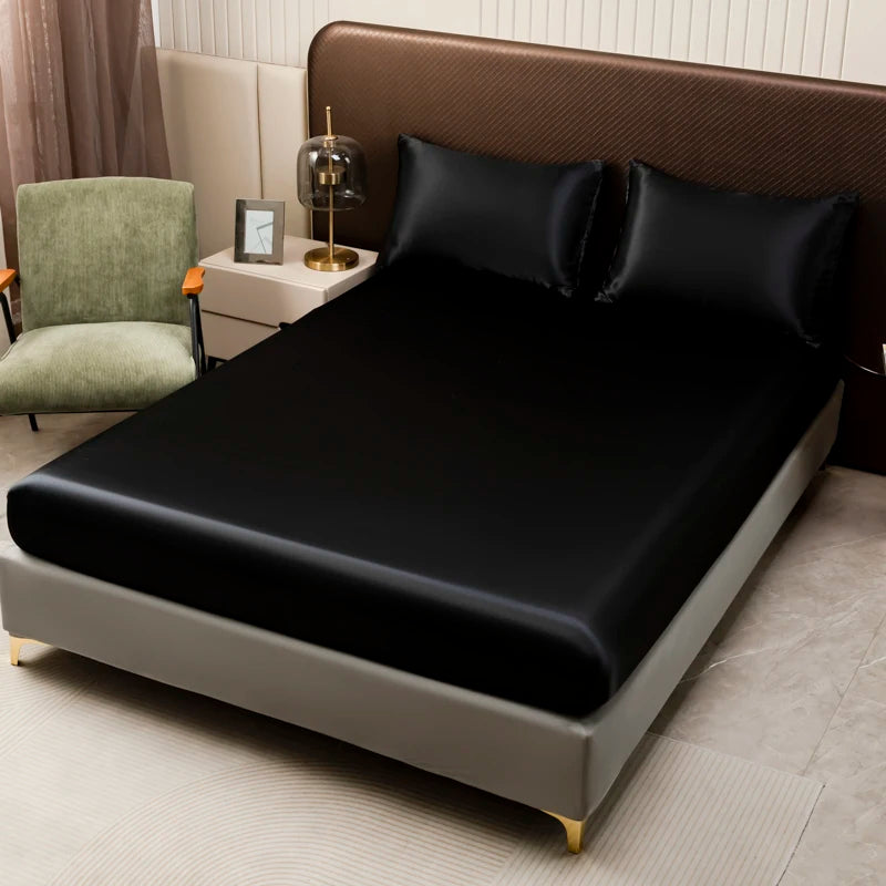 3Pcs Black Satin Fitted Sheet Solid Colour Twin Full Queen King Ice Silk Mattress Cover With Elastic Band Bed Sheet Pillowcases TAVEN System LLC