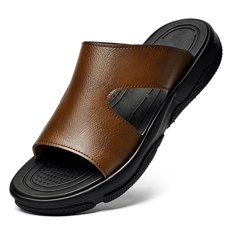 Men's Leather Slide Sandals Non-slip Thick Sole Casual Slippers Summer Outdoor Beach Shoes Breathable Lightweight Footwear TAVEN System LLC