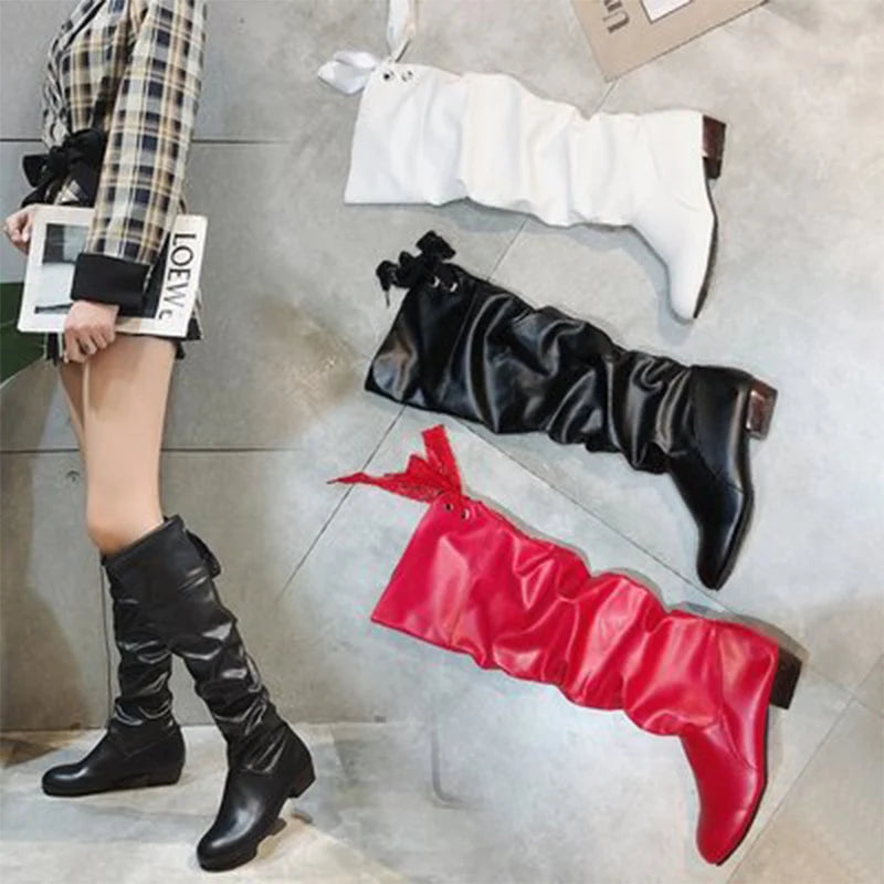 Shoes For Women  Knee High Boots Red Black White Tall Boots Woman Pleated Low Heel Casual Leather Female Long Shoes TAVEN System LLC