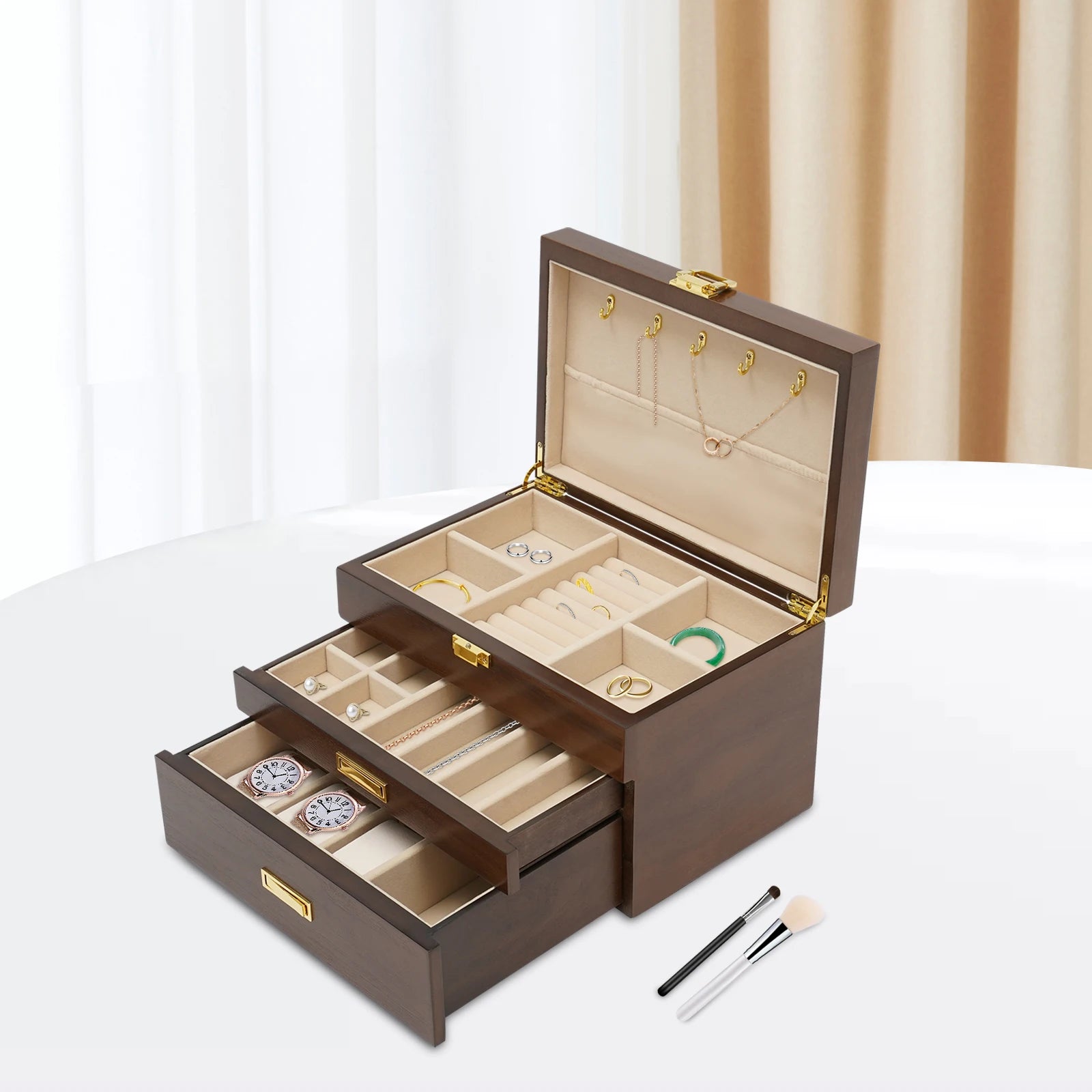 Black Walnut /Brown / White Wood Organizer Jewelry and Watch Display Case Storage Box Convenient TAVEN System LLC