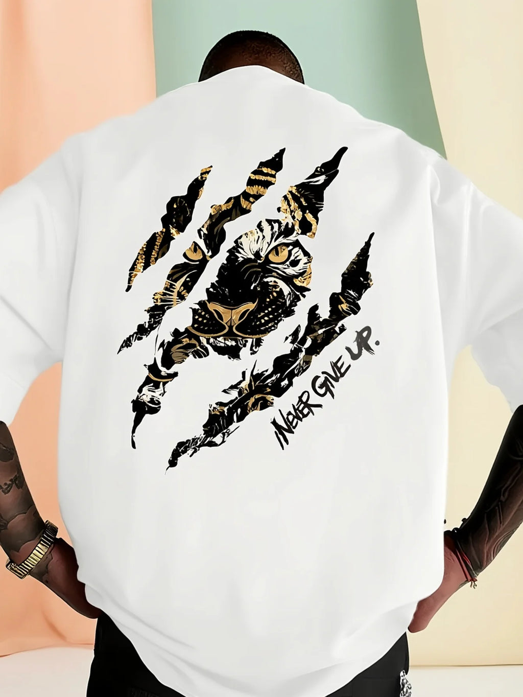 Tiger Claw Mark Never Give Up Print on Premium Soft 100% Cotton Mens T Shirt Perfect for Summer Streetwear and Bold Style TAVEN System LLC