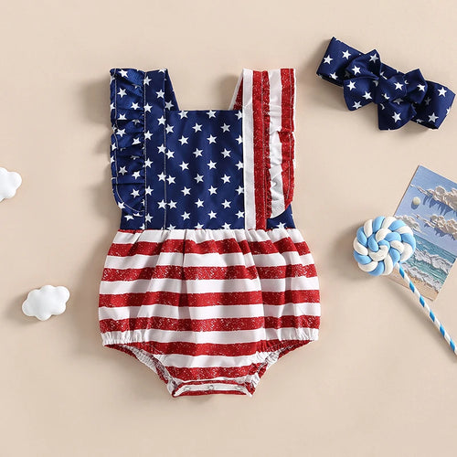 Baby Girl 4th of July Ruffle Romper with Matching Headband