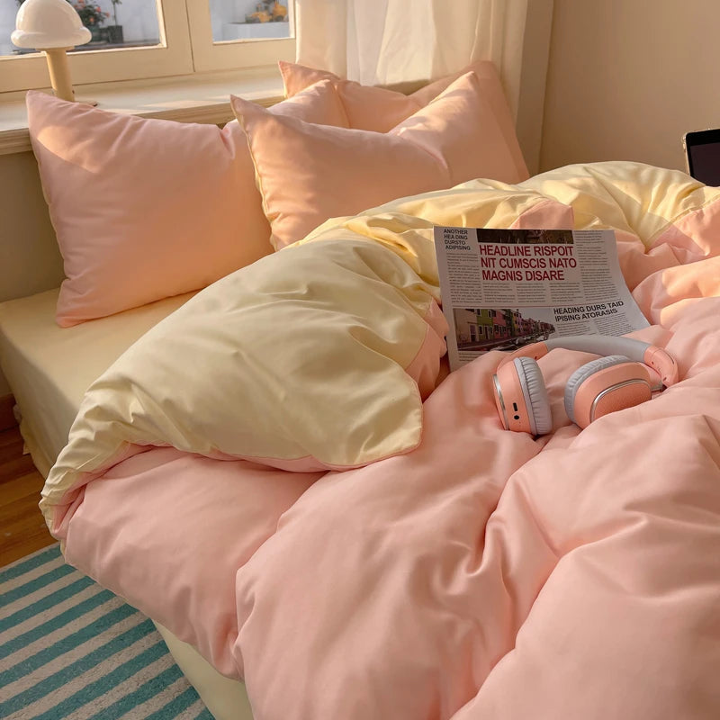 Cotton Bedding Set 4pcs with Solid Bed Sheet Duvet Cover Pillowcases Single Couple Bedsheet King Queen Double Twin Size TAVEN System LLC