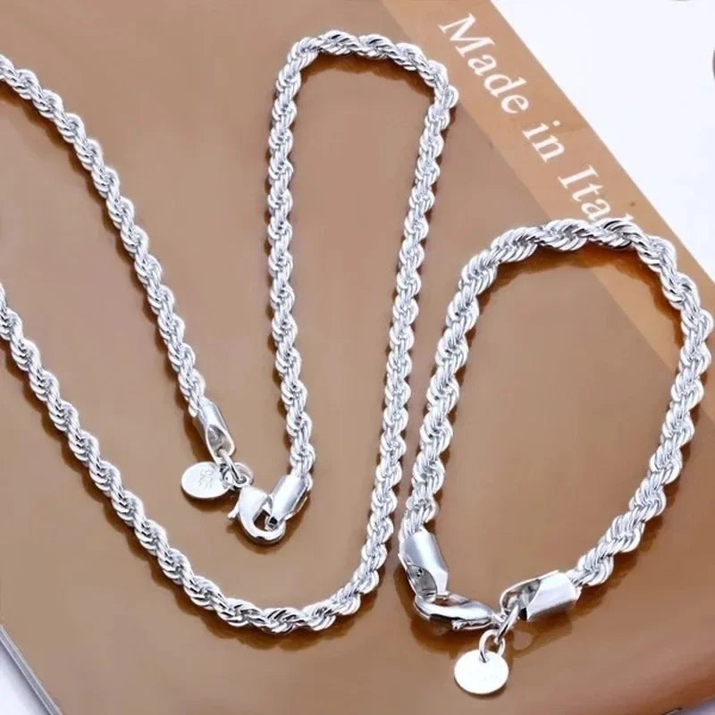 Charm 925 sterling silver Accessories Men 4MM 40-60cm 2PCS Rope Chain Necklace Bracelet Women Fashion Wedding Gift Jewelry TAVEN System LLC
