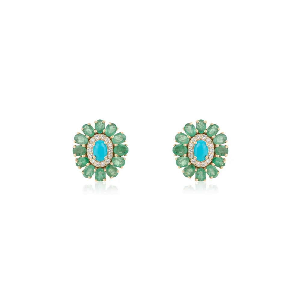 Most Trending Products Fine Emerald Turquoise & Diamond Flower Halo Stud Earrings Statement Jewelry 14K Solid Yellow Gold TAVEN System LLC