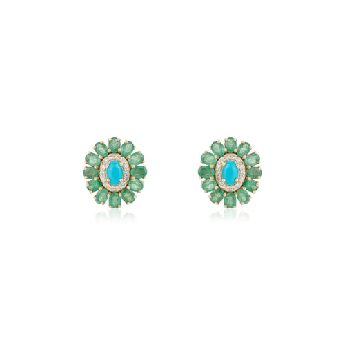 Most Trending Products Fine Emerald Turquoise & Diamond Flower Halo Stud Earrings Statement Jewelry 14K Solid Yellow Gold TAVEN System LLC