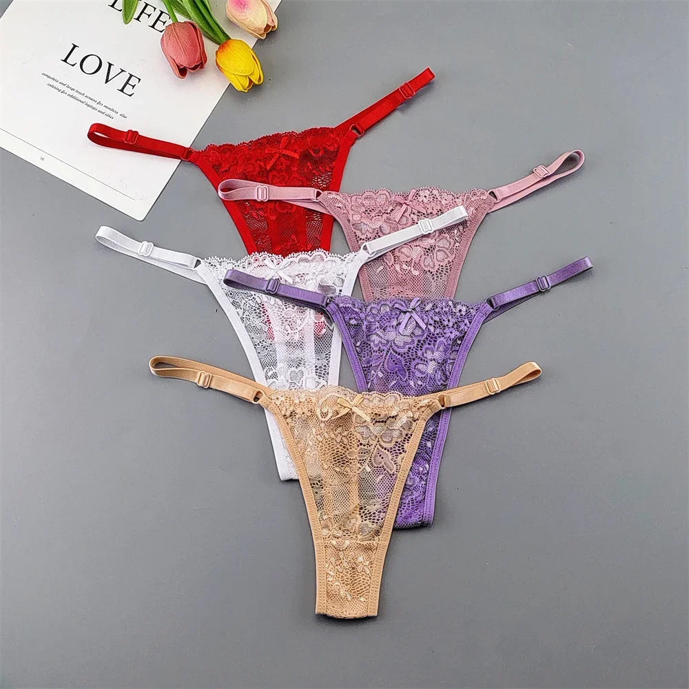 5PCS Free Shipping Seamless Women Thong Panties Adjust Belt Sexy Ice Silk G-string Lady Low Waist Lace Bikini T-back Plus Size TAVEN System LLC