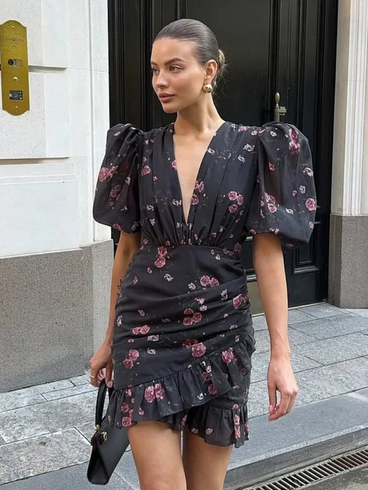 Women Elegant Printed Short Dress Chic V-neck Short Sleeve A-line Bodycon Mini Dresses 2026 Lady New Summer Vacation Street Robe TAVEN System LLC