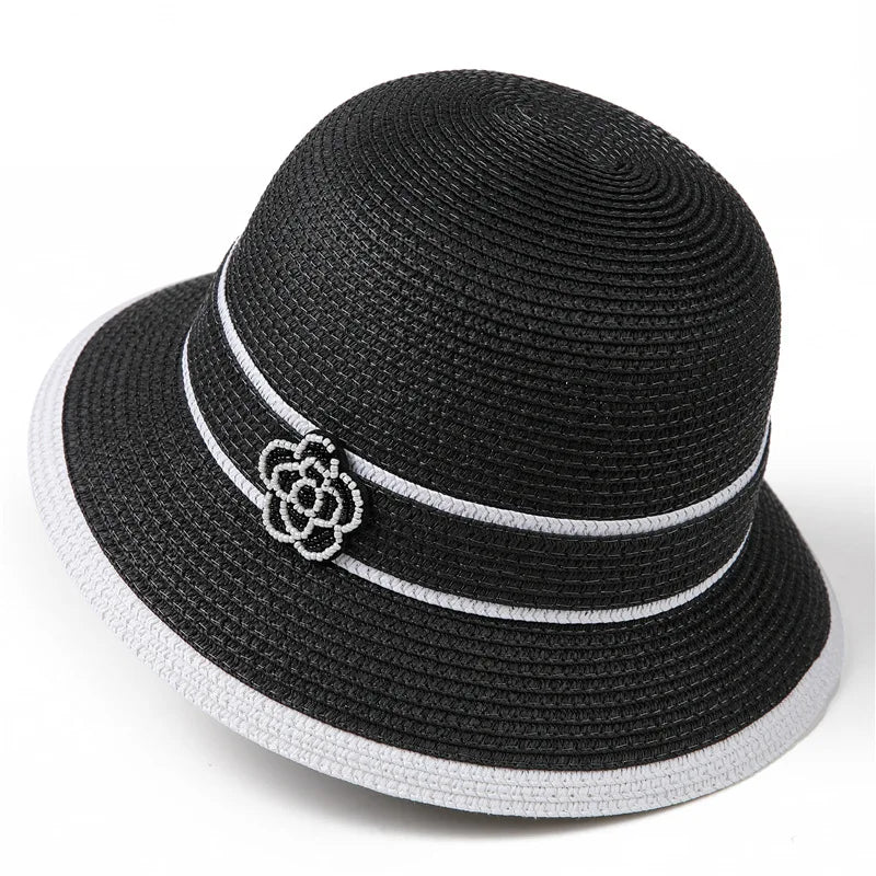 Women Straw Bucket Hat Floral Camellia Beach Sun Panama Cap TAVEN System LLC