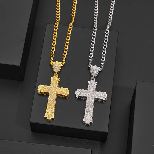 1 Simple Style MEN'S Rhinestone Christian Cross Rhinestone Pendant Necklace Personality Fashion Street Domineering Chain Jewelry TAVEN System LLC
