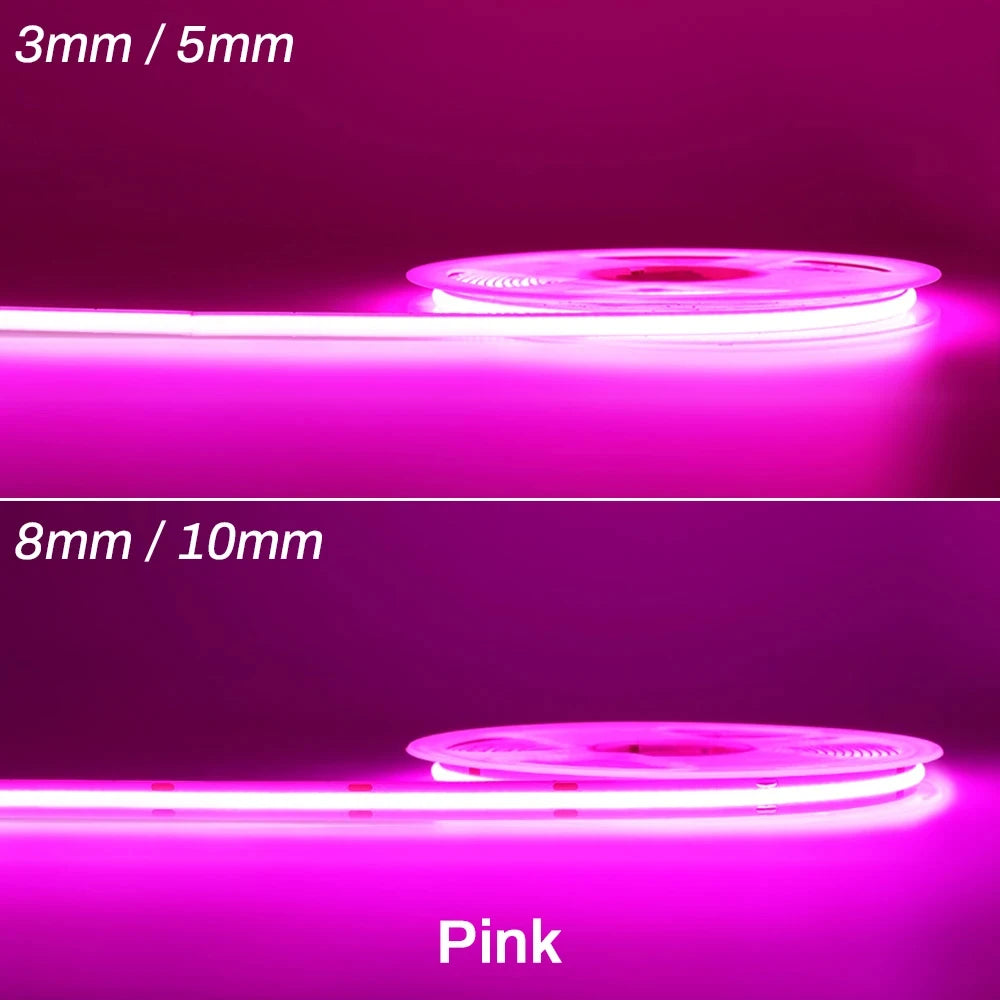 3mm 5mm 8mm COB LED Strip 12V 24V Dimmable Tape LED Ice Blue Yellow Red Green Pink White For Home Decor RA90 LED Strip Lighting TAVEN System LLC