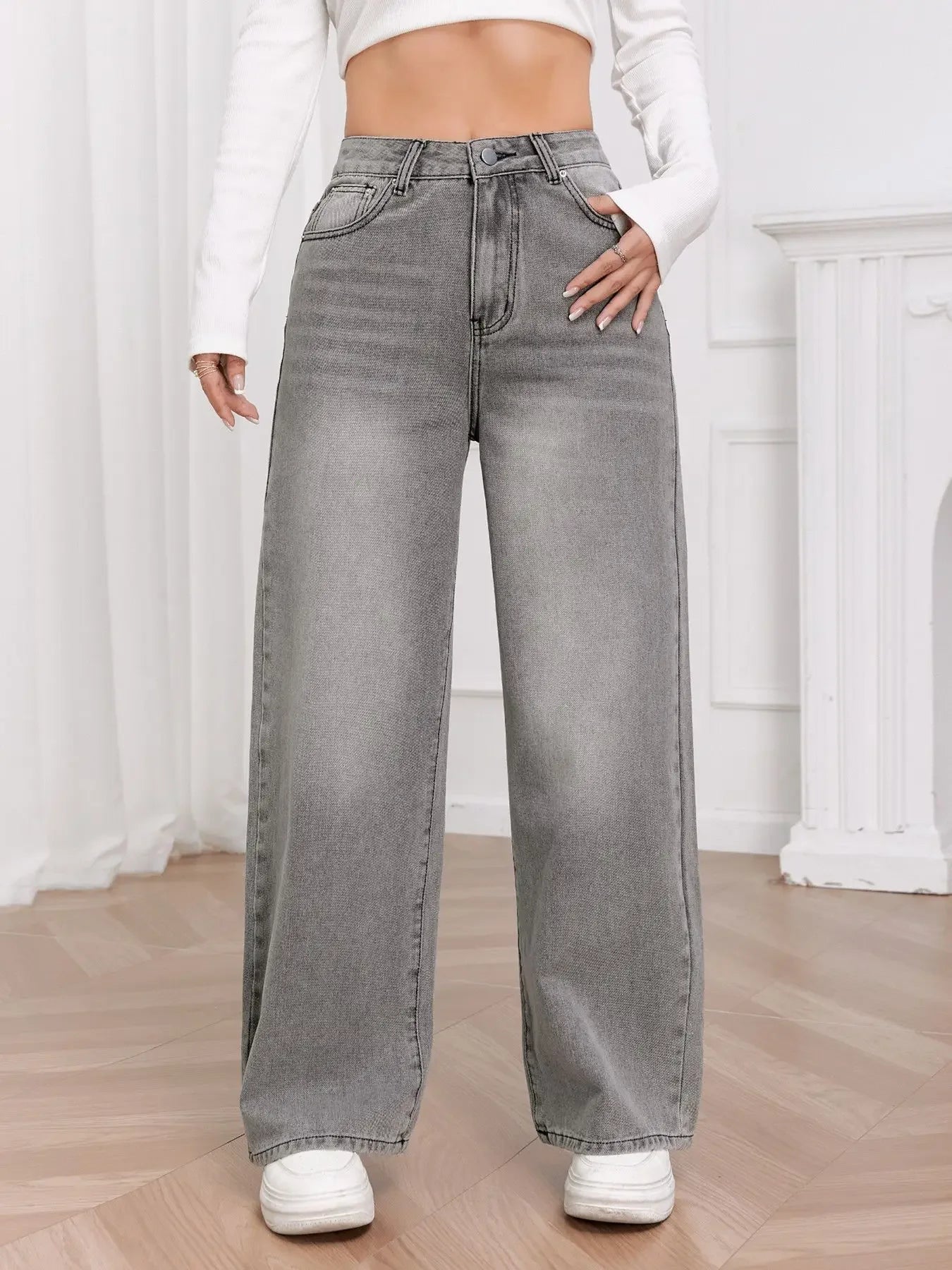 Trendy Wide Leg Distressed Jeans cc Casual Straight Denim Pants TAVEN System LLC