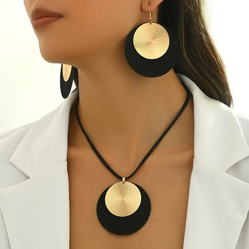 3pc/set Large Round Earrings Collar Necklace Set for Women Exaggerated PU Rope Chains Metal Geometric Pendant Necklace Jewelry TAVEN System LLC