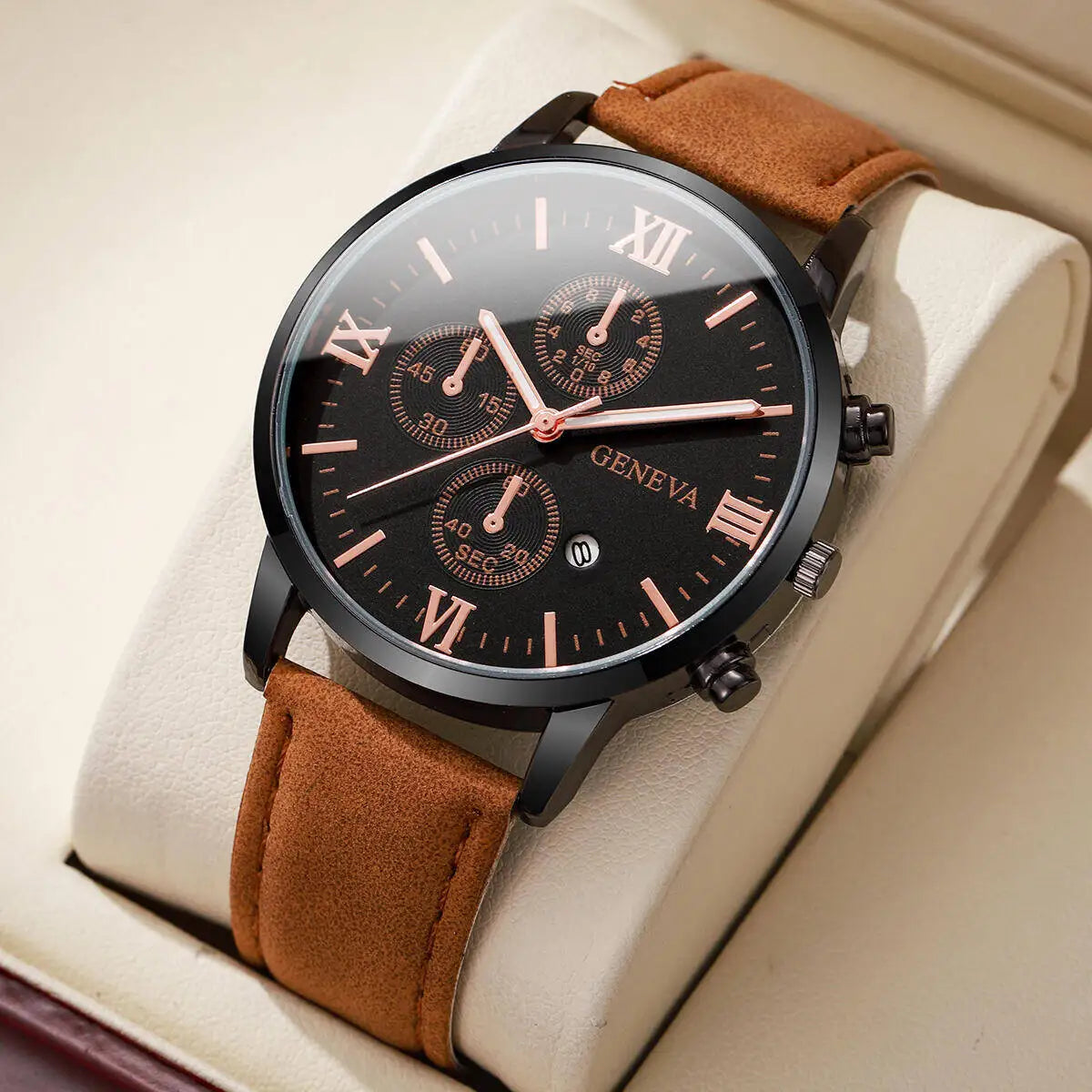 Fashion Roma Dial Men's Watch Casual Leather Strap Men Business Watches Analog Quartz Wristwatches with Calendar（Without Box） - TAVEN System LLC