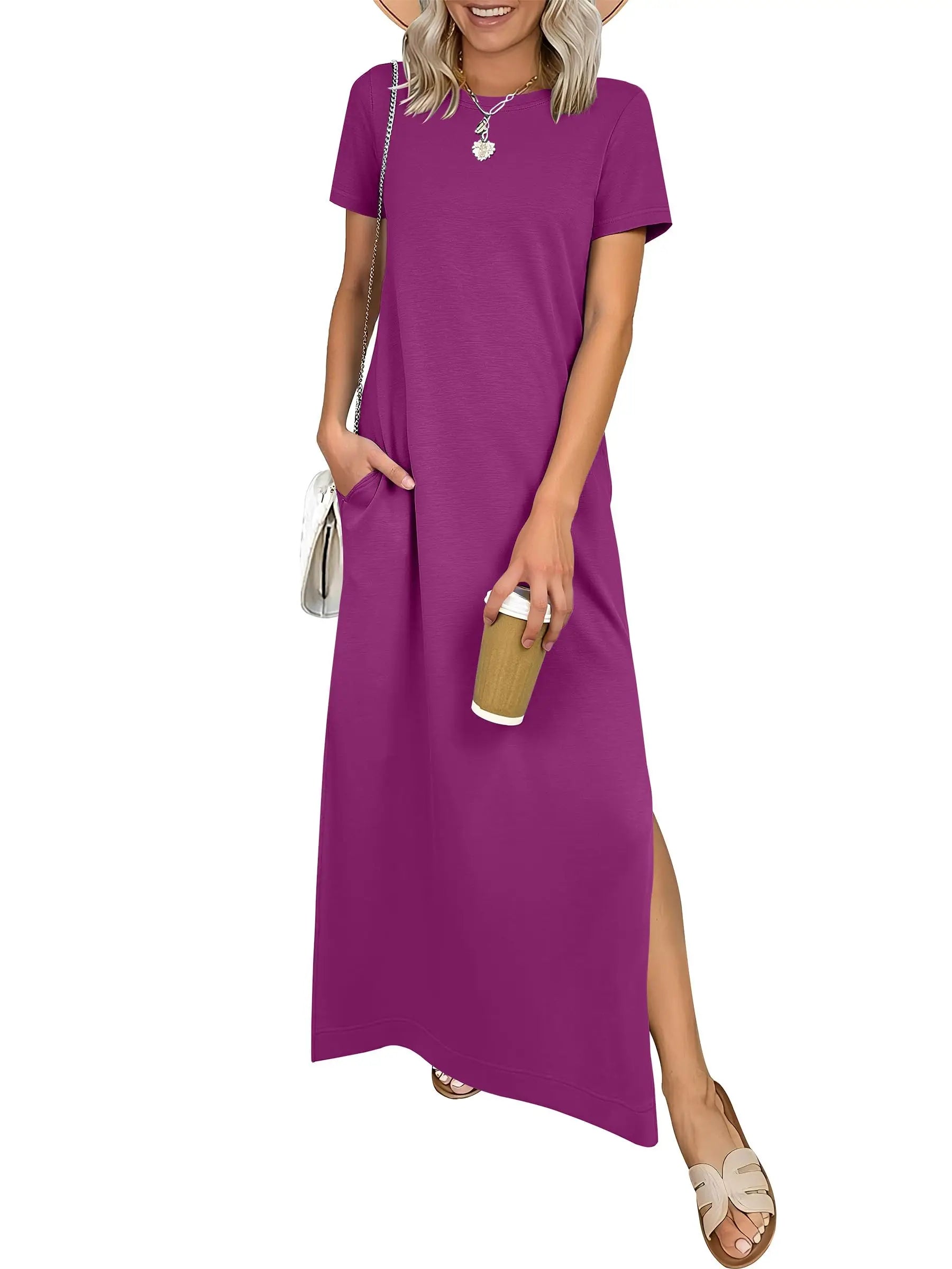 Women Short Sleeve Maxi Dress Crew Neck Side Split Casual Loose Dress