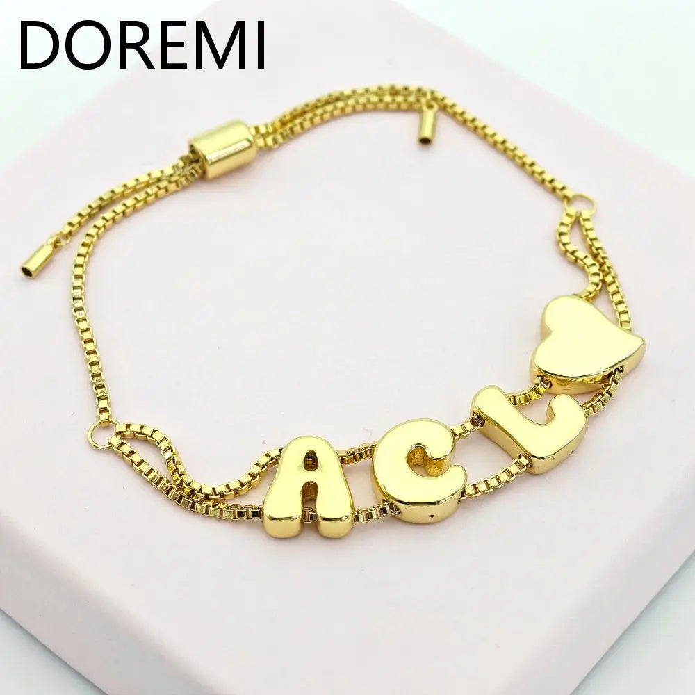DOREMI Plain Letters Bubble Fat Initial Letter Name Bracelet Slide Beads Women Gold Bubble Custom Letter Bracelet Gift TAVEN System LLC
