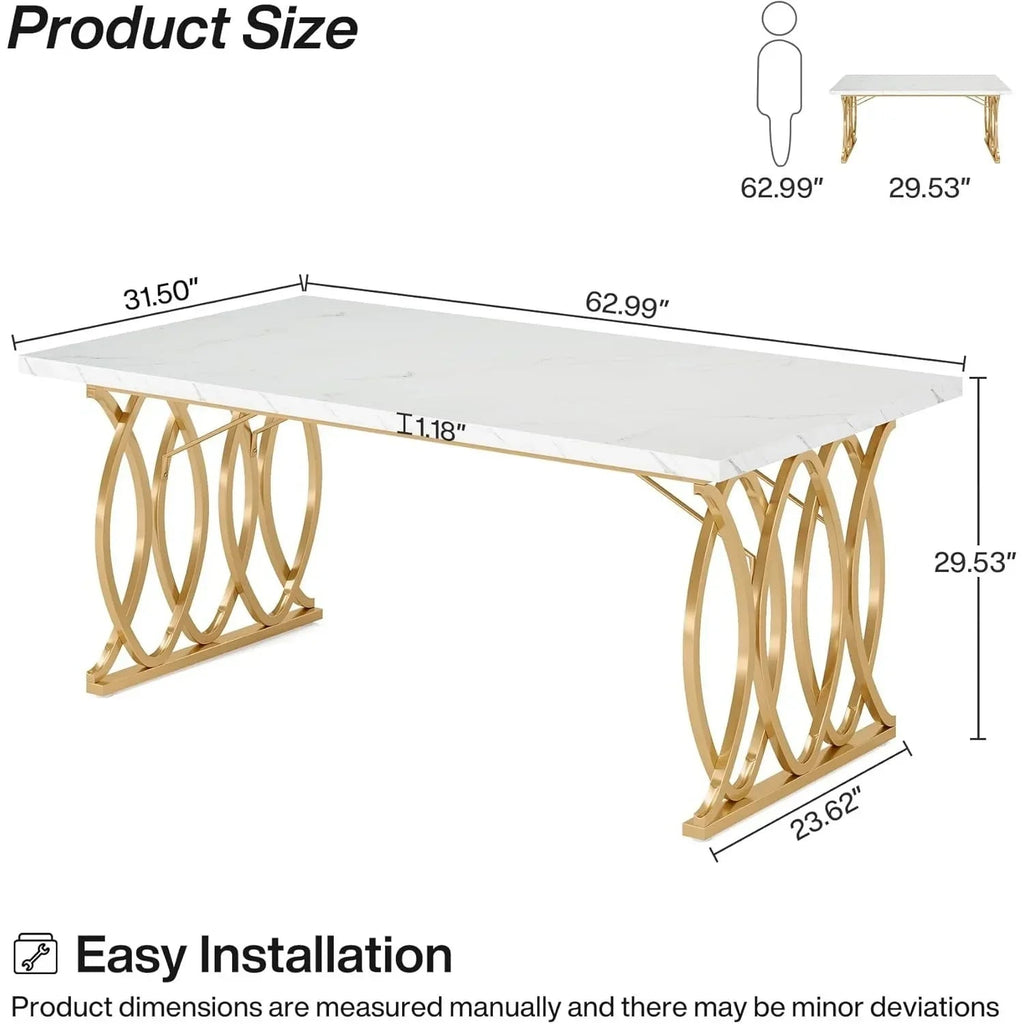 Modern Faux Marble Dining Table with Gold Metal Legs 63 Inch TAVEN System LLC