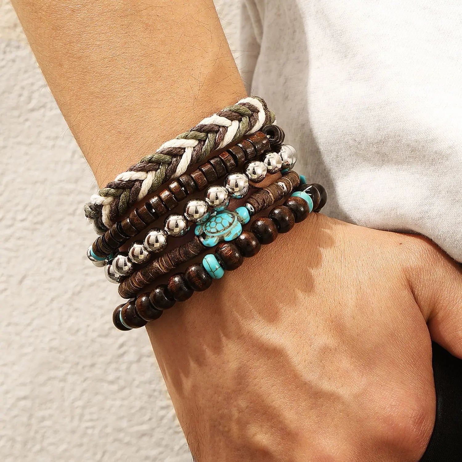 5-piece Bohemian Sea Turtle Vintage Wooden Shell Wax Rope Woven Bracelet Set TAVEN System LLC