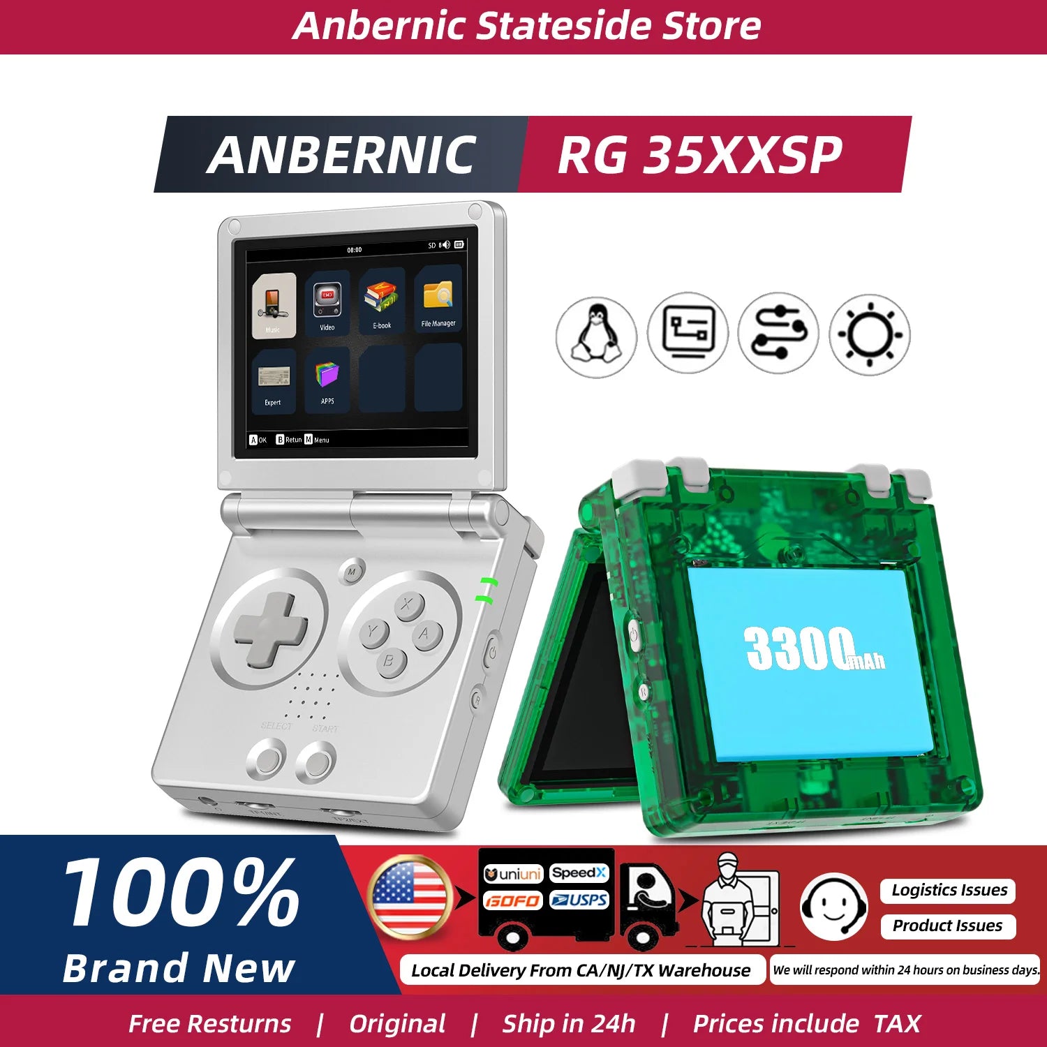 ANBERNIC RG35XXSP FILP 3.5 Inch IPS Screen Retro Game Console 64GB Built-in TF Card 3300mAh Battery Linux System HD TV Output Support Classic Casual Gaming  Built-in Hall Switch Chip TAVEN System LLC