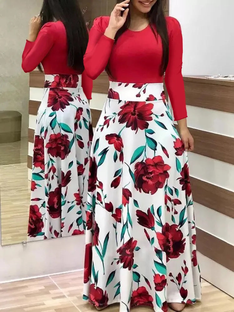 2024 European and American style flower print color matching short sleeved dress for women's large swing skirt TAVEN System LLC