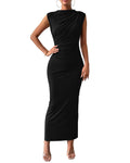 Women Ruched Bodycon Maxi Dress Sleeveless Elegant Cocktail Dress