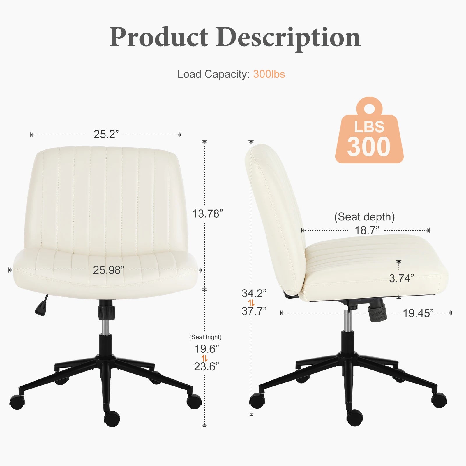 JHK Armless PU Leather Office Chair with Wheels Height Adjustable TAVEN System LLC