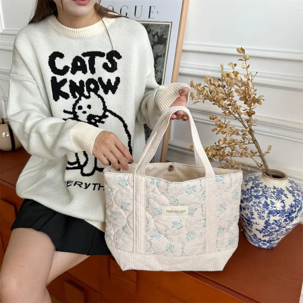 Women Floral Patchwork Tote Bag Retro Cotton Shoulder Shopper Bag