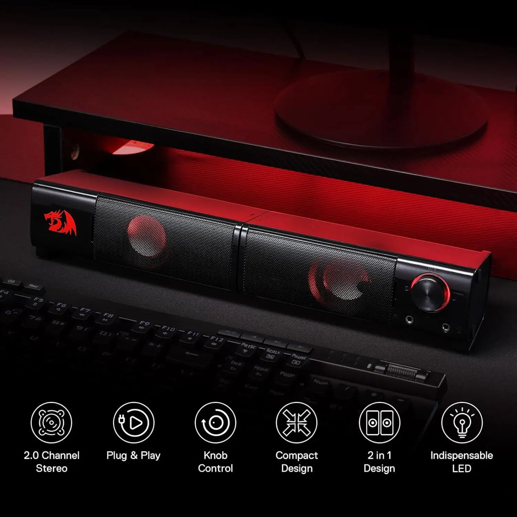 Redragon GS550 PC Gaming Speakers 2.0 Channel Desktop Computer Sound Bar  Quality Bass & Decent Red Backlit TAVEN System LLC