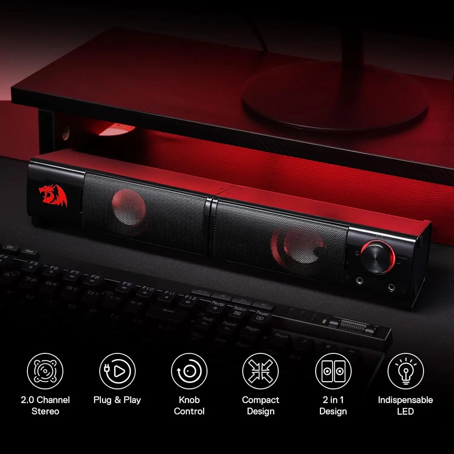 Redragon GS550 PC Gaming Speakers 2.0 Channel Desktop Computer Sound Bar  Quality Bass & Decent Red Backlit TAVEN System LLC