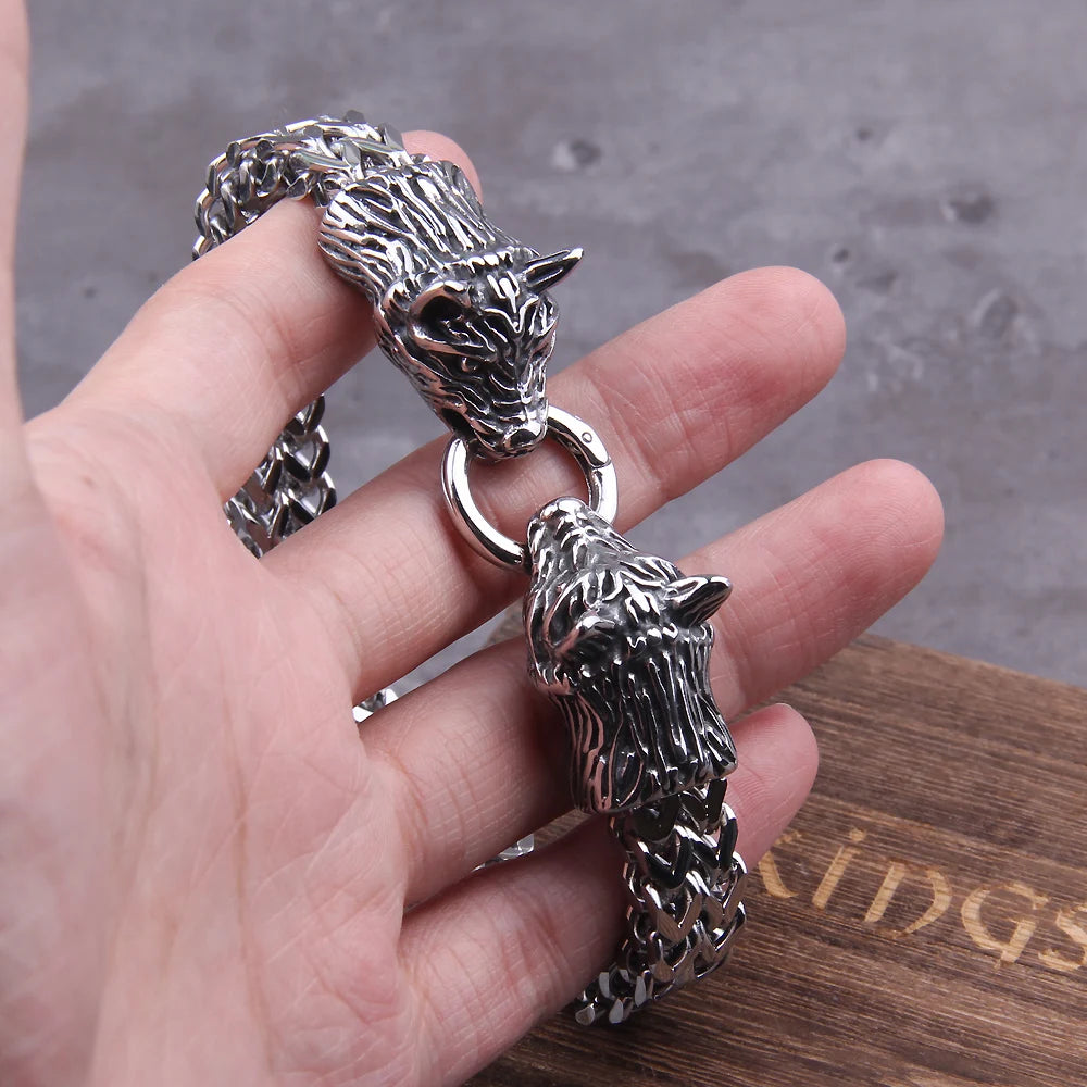 Never Fade Viking Wolf head Bracelet Men's Stainless Steel Mesh Chain Gold Punk Jewelry without box TAVEN System LLC
