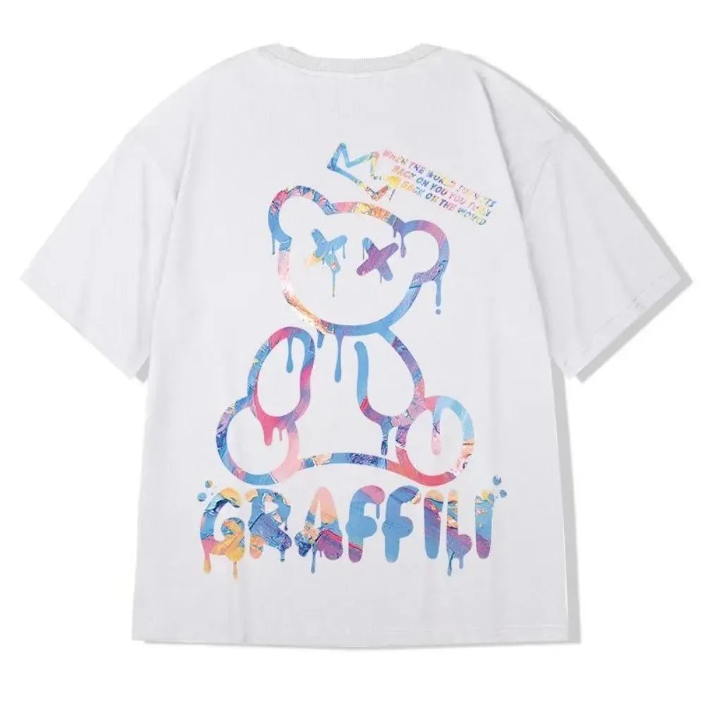New men's summer colorful teddy bear letter print comfortable and breathable round neck T-shirt outdoor street top TAVEN System LLC