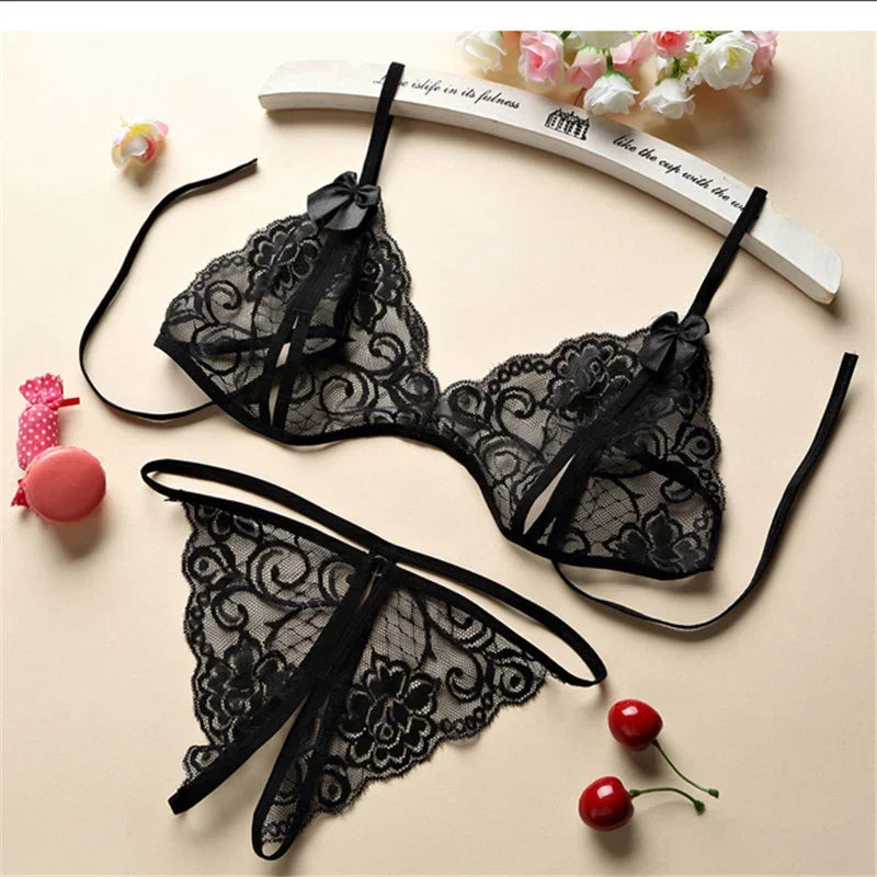 Sexy Lace-up Lingerie Set Women Hot Exotic Open Crotch Transparent Underwear G-string Bandage Bikini Three-point Set TAVEN System LLC