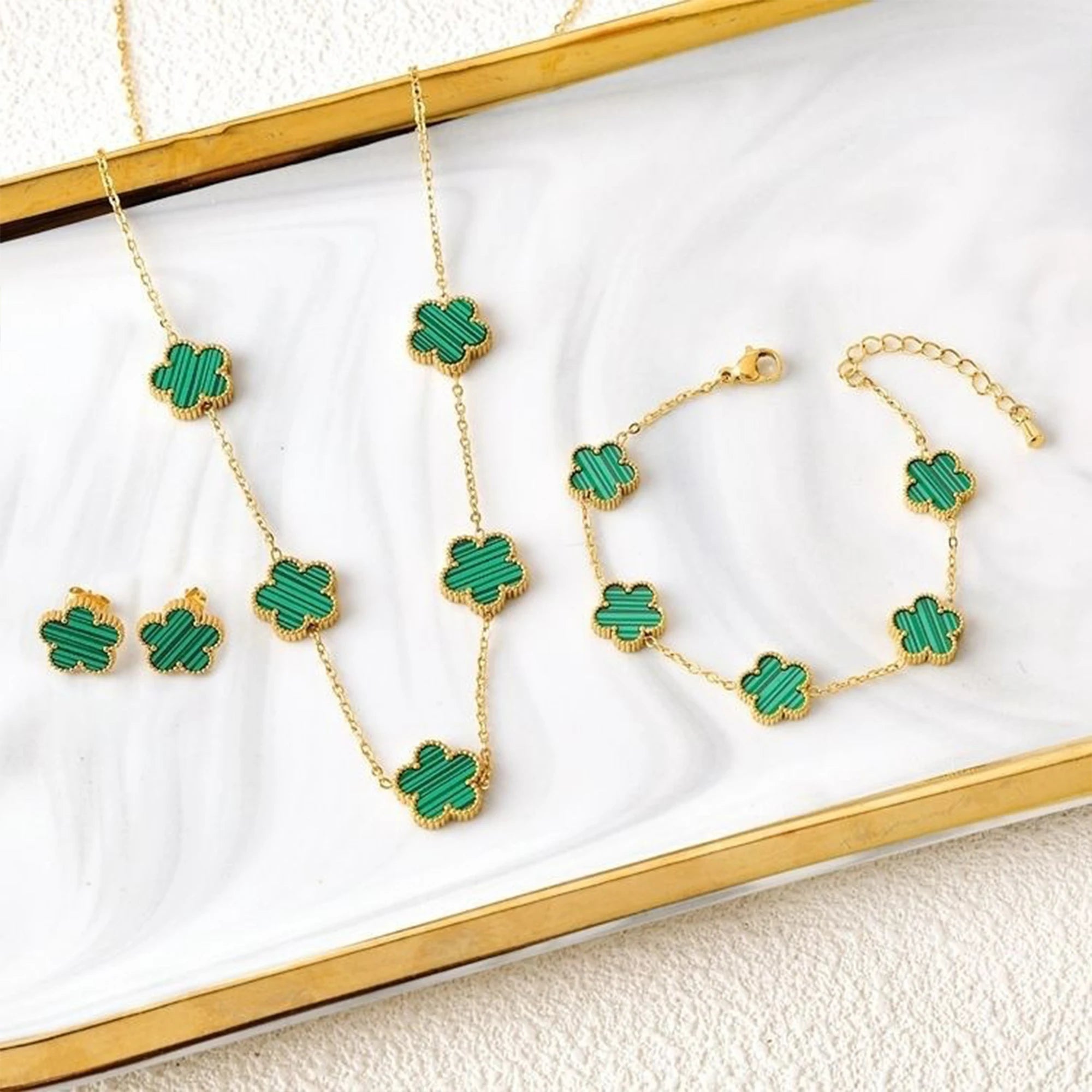 3Pcs 18k Gold-Plated Five-Leaf Flower Necklace Earrings Bracelet Jewelry Set for Woman Fashion Party Jewelry Daily Wear Clover TAVEN System LLC