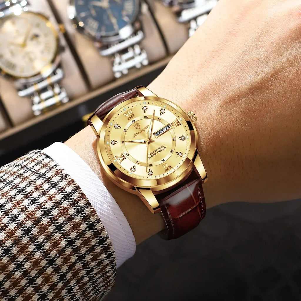 POEDAGAR Luxury Business Male Clock Date Week Waterproof Luminous Gold Men Wristwatch Casual Fashion Quartz Men's Watches Reloj - TAVEN System LLC