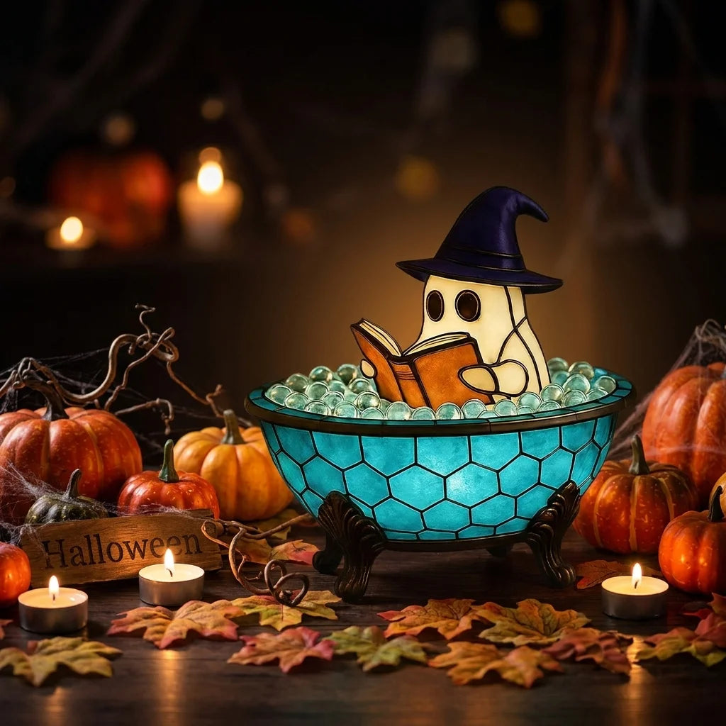 Halloween Ghost Bathtub Reading Book Table Lamp Tiffany Stained Glass Night Light Cute Spooky Ghost in Bubble Bowl Decor Lamp for Bedroom Living Room Holiday Home Decor Gift TAVEN System LLC