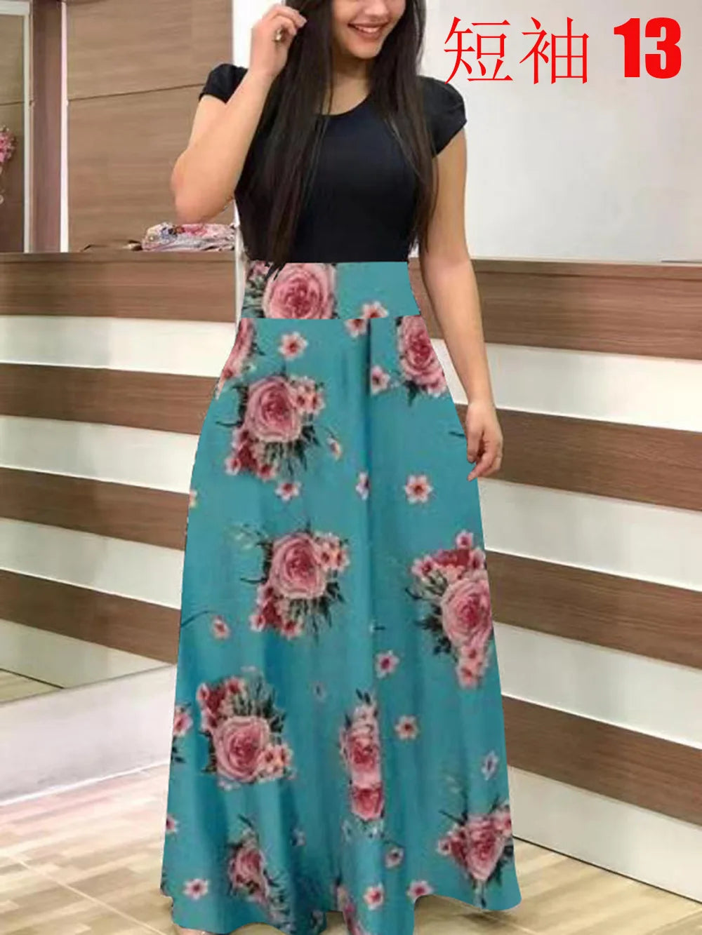 2024 European and American style flower print color matching short sleeved dress for women's large swing skirt TAVEN System LLC