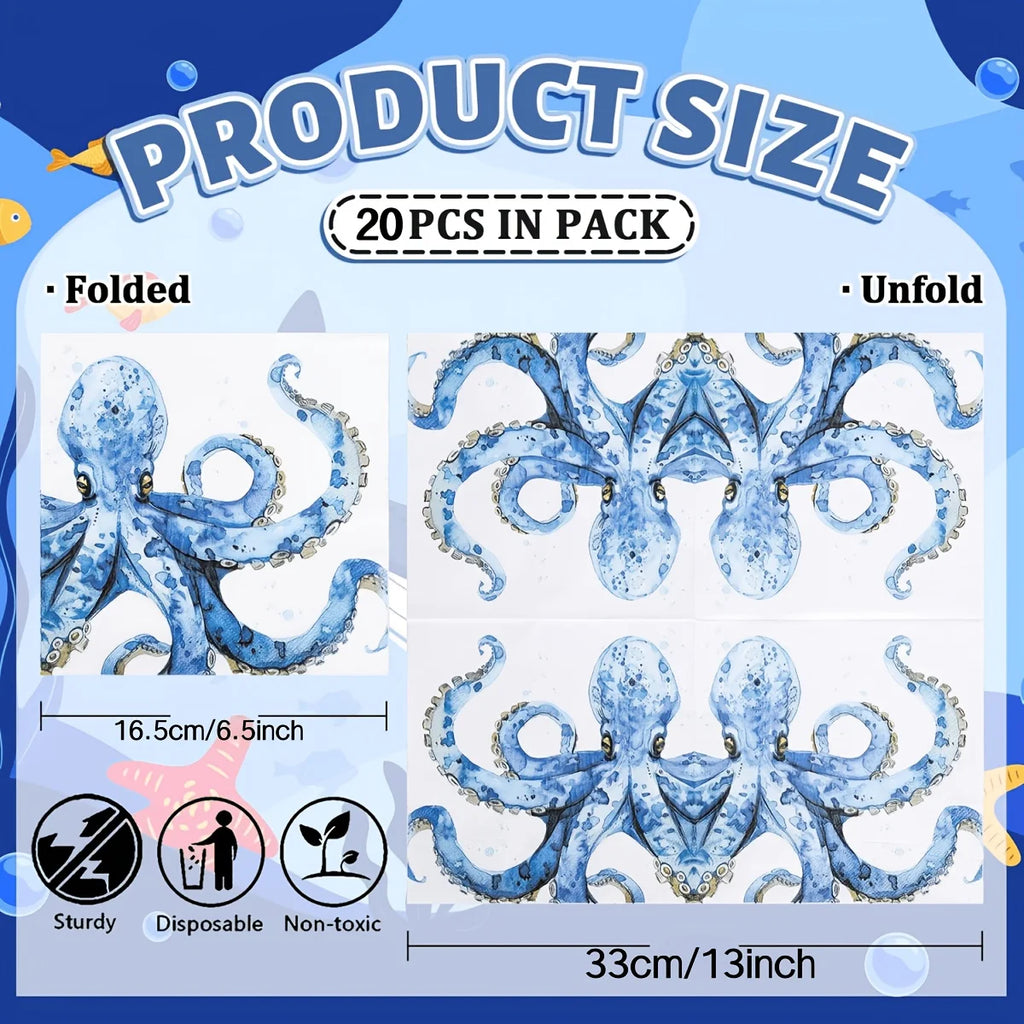 10 Ocean-themed party napkins for weddings, birthdays, baby parties - watercolor octopus and nautical table decoration, blue for summer parties, paper napkins for nautical table arrangement gifts TAVEN System LLC