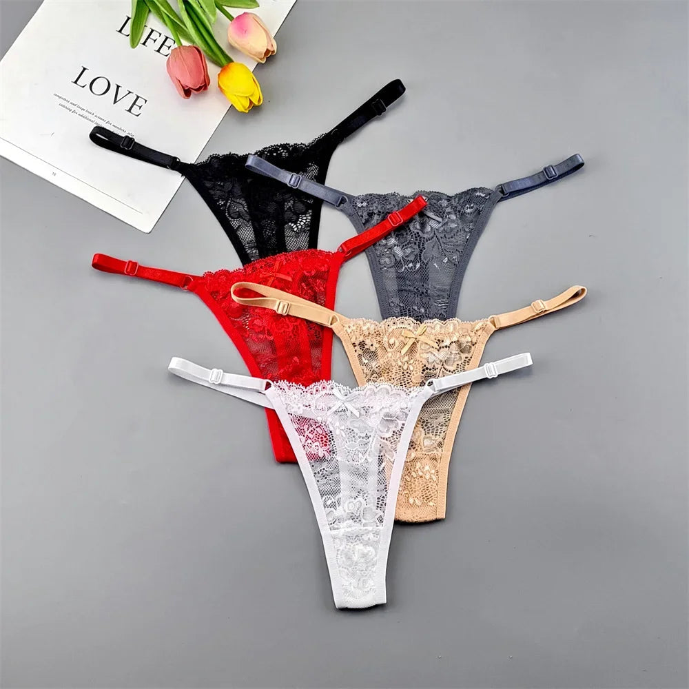 5PCS Free Shipping Seamless Women Thong Panties Adjust Belt Sexy Ice Silk G-string Lady Low Waist Lace Bikini T-back Plus Size TAVEN System LLC
