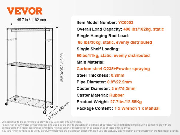 SucceBuy Heavy Duty Adjustable Rolling Garment Rack with Shelf TAVEN System LLC