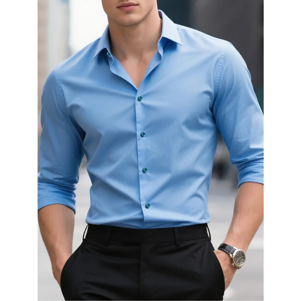 FGKKS New Men Shirt Brand New Solid Color Long Sleeve Elastic Fabric Men's Multiple Colors Male Quality Basic Shirt TAVEN System LLC