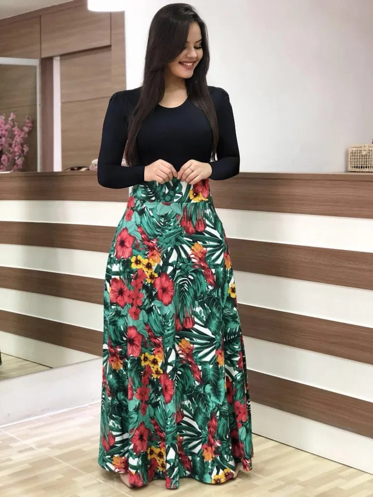 2024 European and American style flower print color matching short sleeved dress for women's large swing skirt TAVEN System LLC
