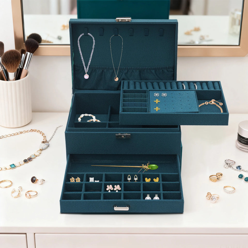 3-tier Jewelry Box Exquisite Storage Box, Flannel Jewelry Watches Display Case for Earrings, Necklaces, Bracelets 24x17x11c TAVEN System LLC