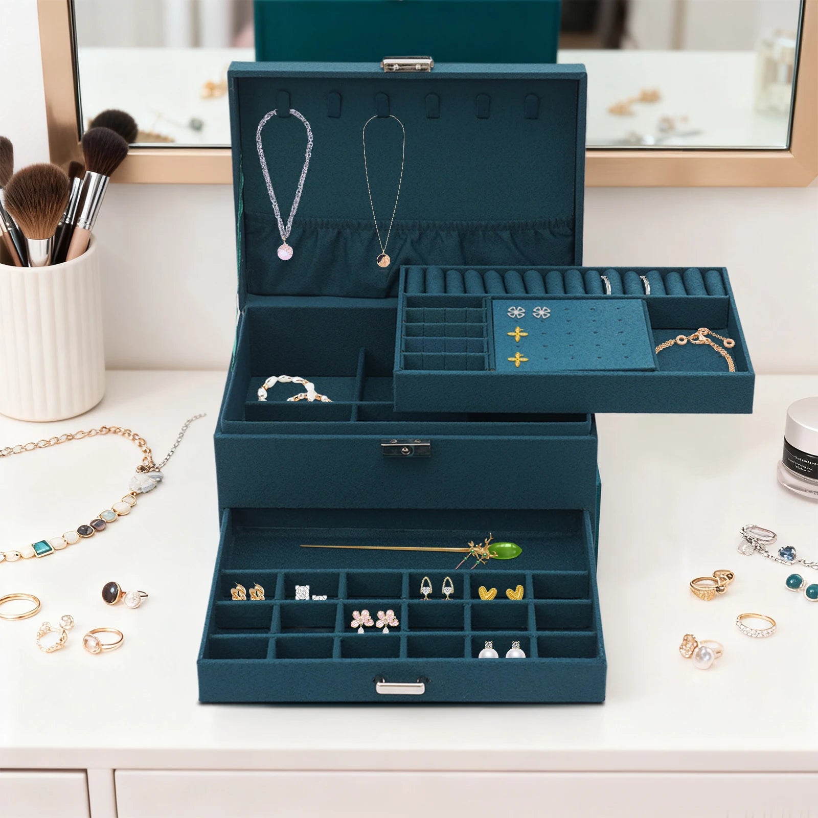 3-tier Jewelry Box Exquisite Storage Box, Flannel Jewelry Watches Display Case for Earrings, Necklaces, Bracelets 24x17x11c TAVEN System LLC