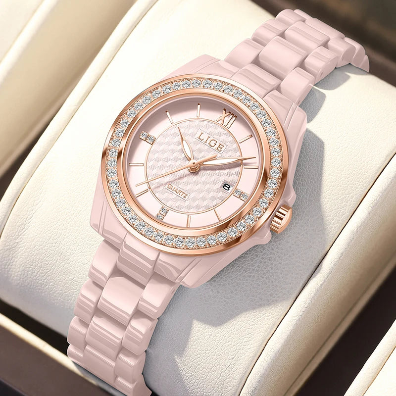 LIGE New Pink Watch Women Watches Top Brand Luxury Ceramic Watch Women Fashion Sport Waterproof Quartz Watch Female Montre Femme - TAVEN System LLC
