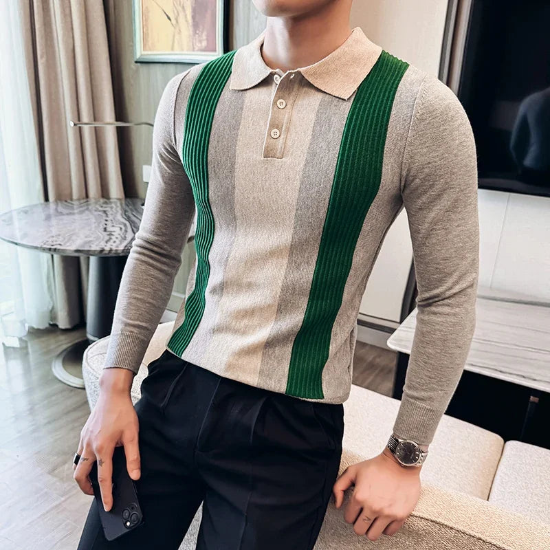 Men Knitted Polo Shirt Long Sleeve Stripe Zipper Slim Fit Sweater