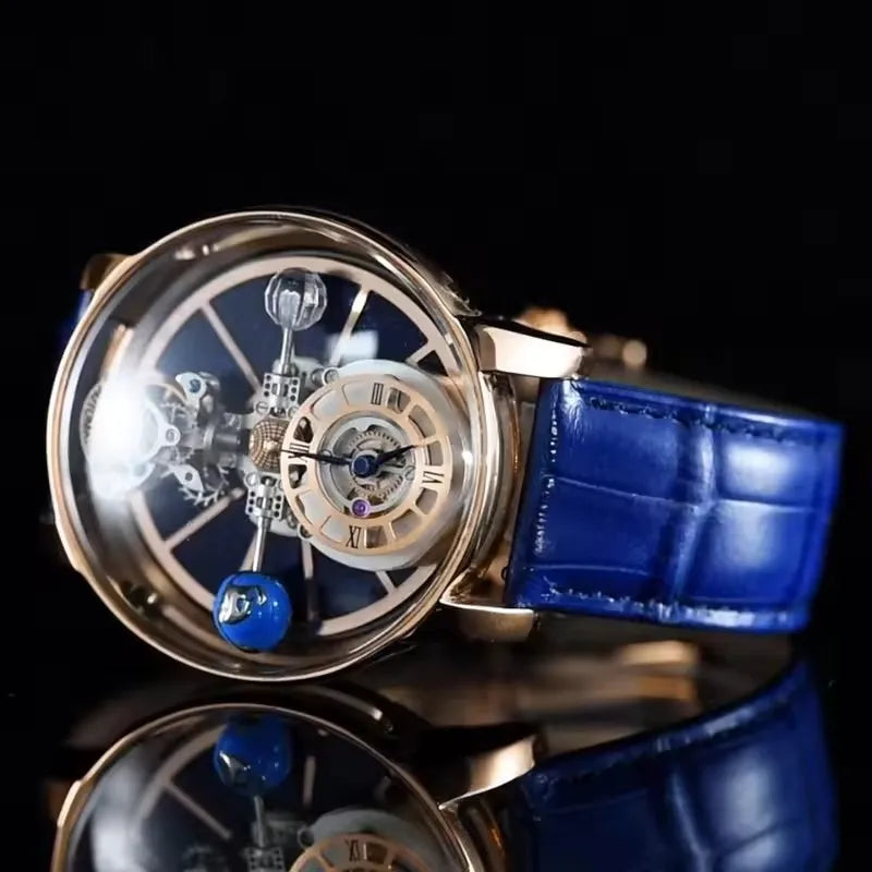 PINDU Design Man Wristwatch Transparent Hollow Design Celestial Roulette Quartz Watches Water Resistant Leather Men's Watch Box - TAVEN System LLC
