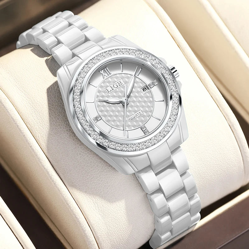 LIGE New Pink Watch Women Watches Top Brand Luxury Ceramic Watch Women Fashion Sport Waterproof Quartz Watch Female Montre Femme - TAVEN System LLC