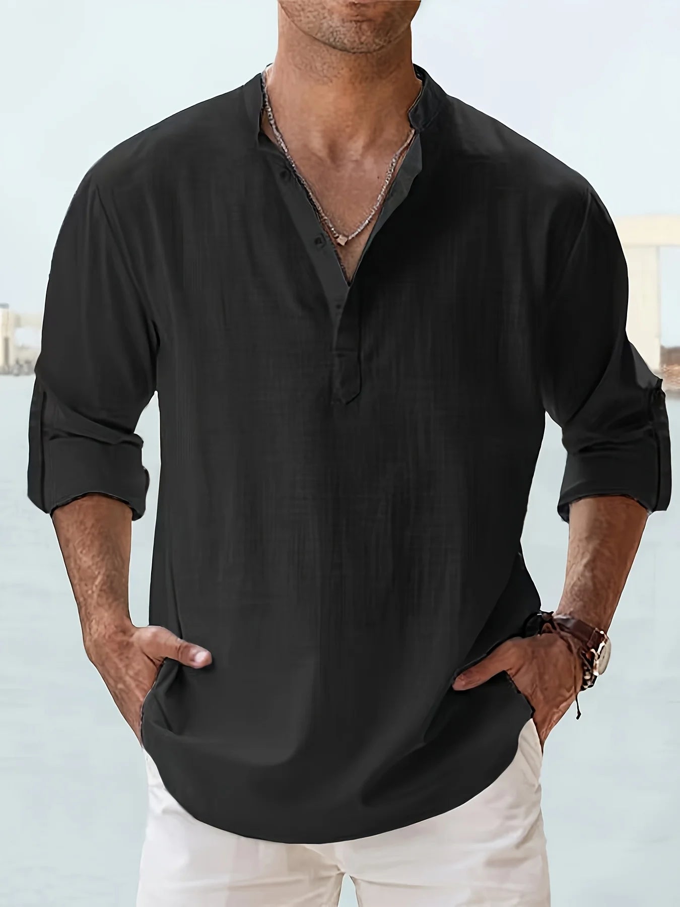 Men's Linen Stand Collar Long Sleeve Casual Cotton Shirt TAVEN System LLC