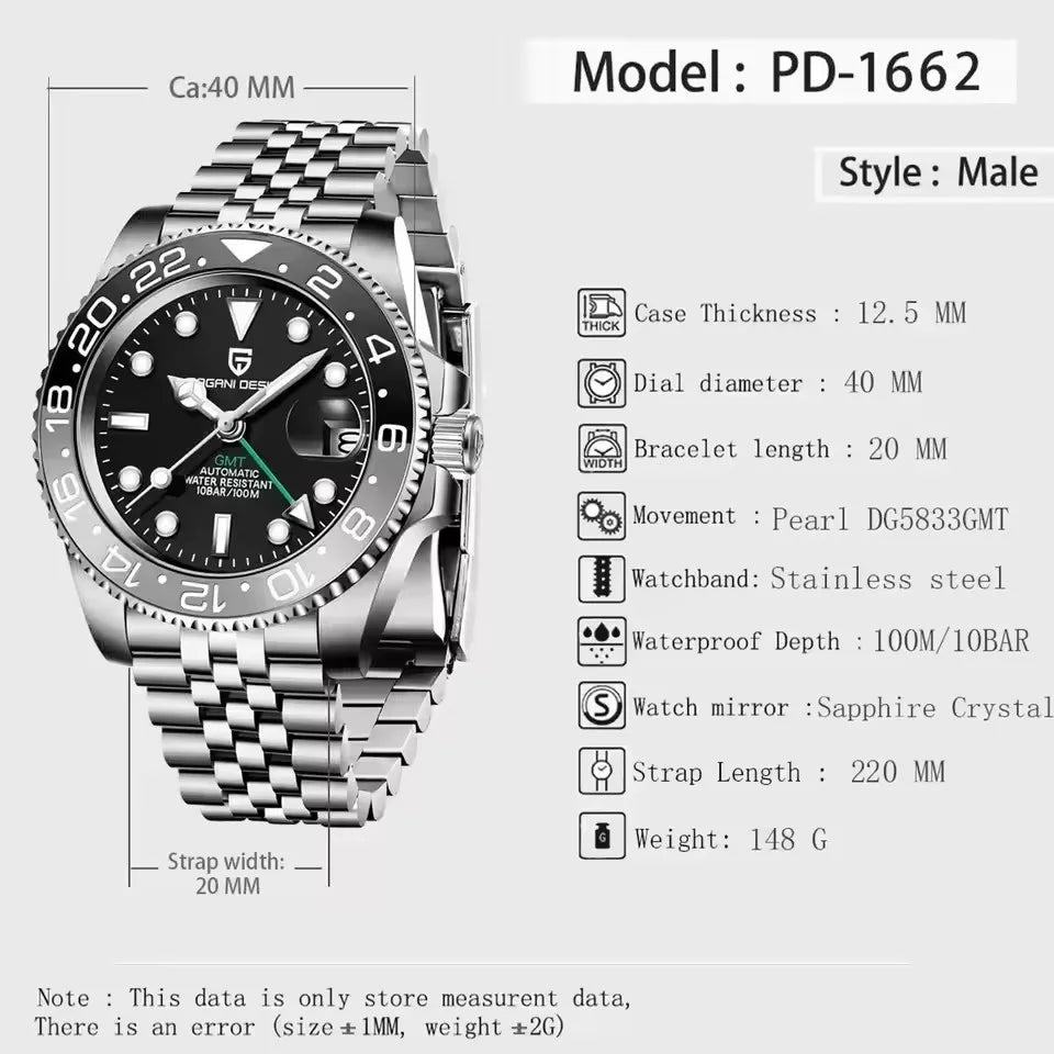 PAGANI DESIGN 40MM Black Gray Dual Tone Automatic Mechanical GMT WATCH Sapphire Glass Stainle Steel Sports luminous Watches men - TAVEN System LLC